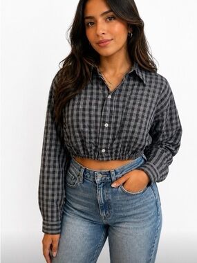 Ralph Lauren Navy and Gray Plaid Cropped Button-Down Shirt